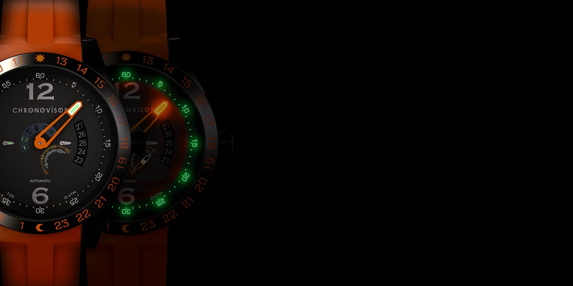 Close-up of a watch with a black face and orange accents on a dark background