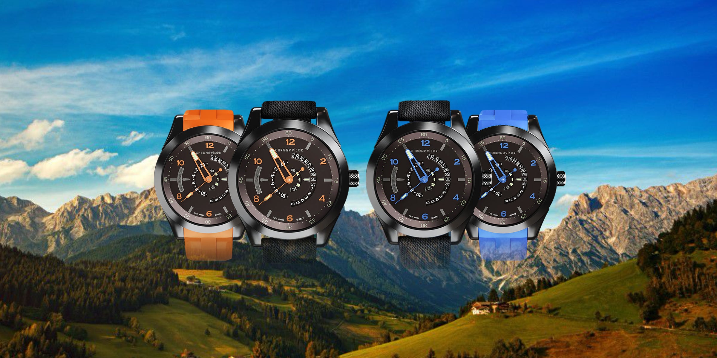 Four watches displayed against a mountainous landscape