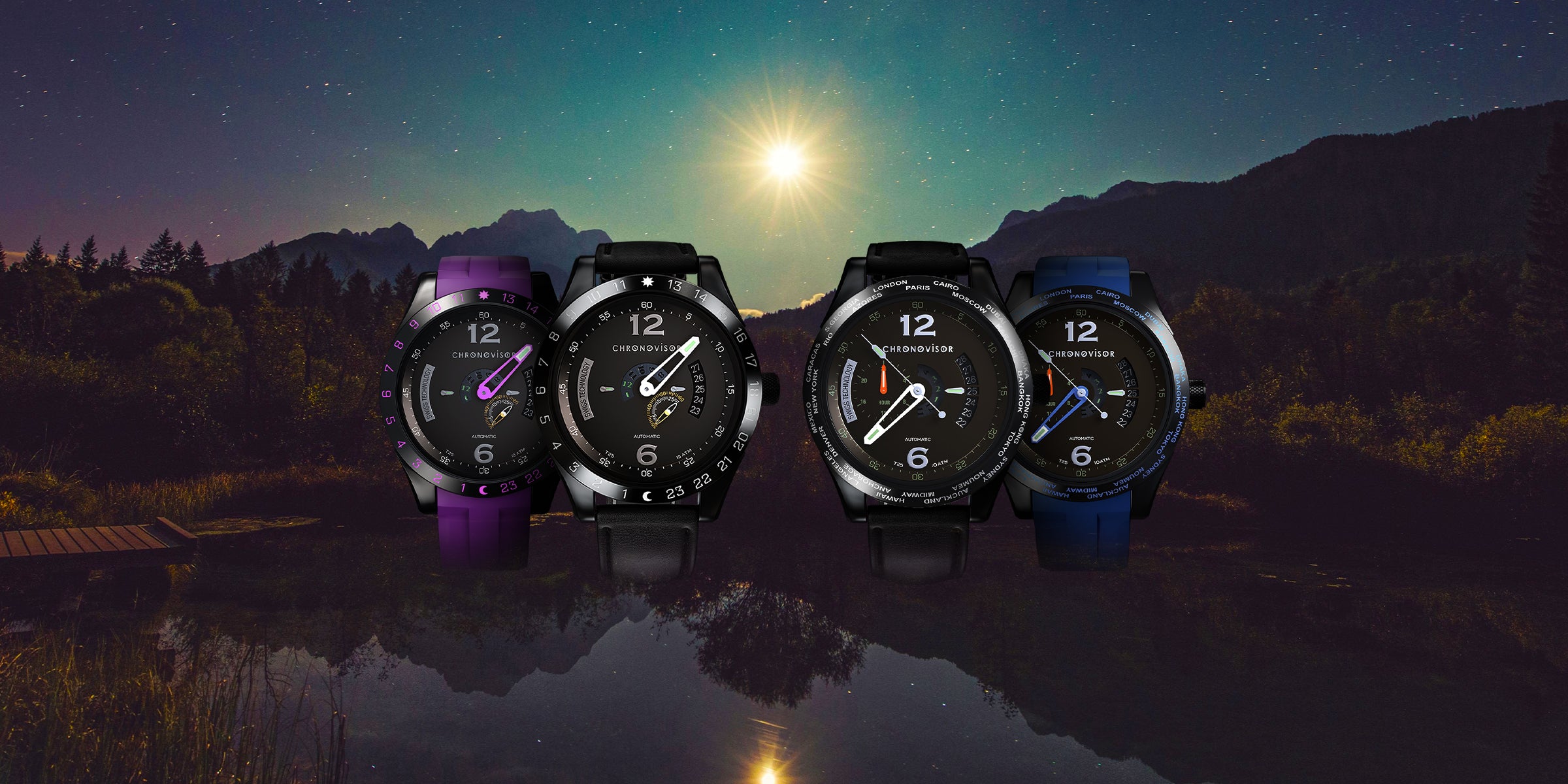 Four watches displayed against a mountainous landscape with a moonlit sky.